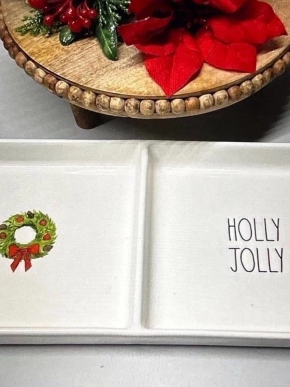 Rae Dunn White Ceramic Holiday Divided Tray with Green & Red Wreath